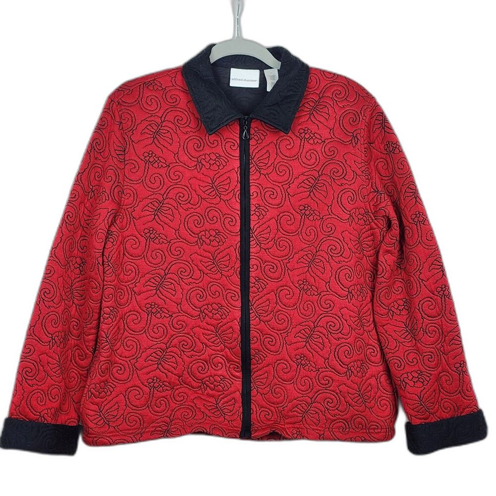 Alfred Dunner Quilted Butterfly Red Zip Up Jacket Size 14